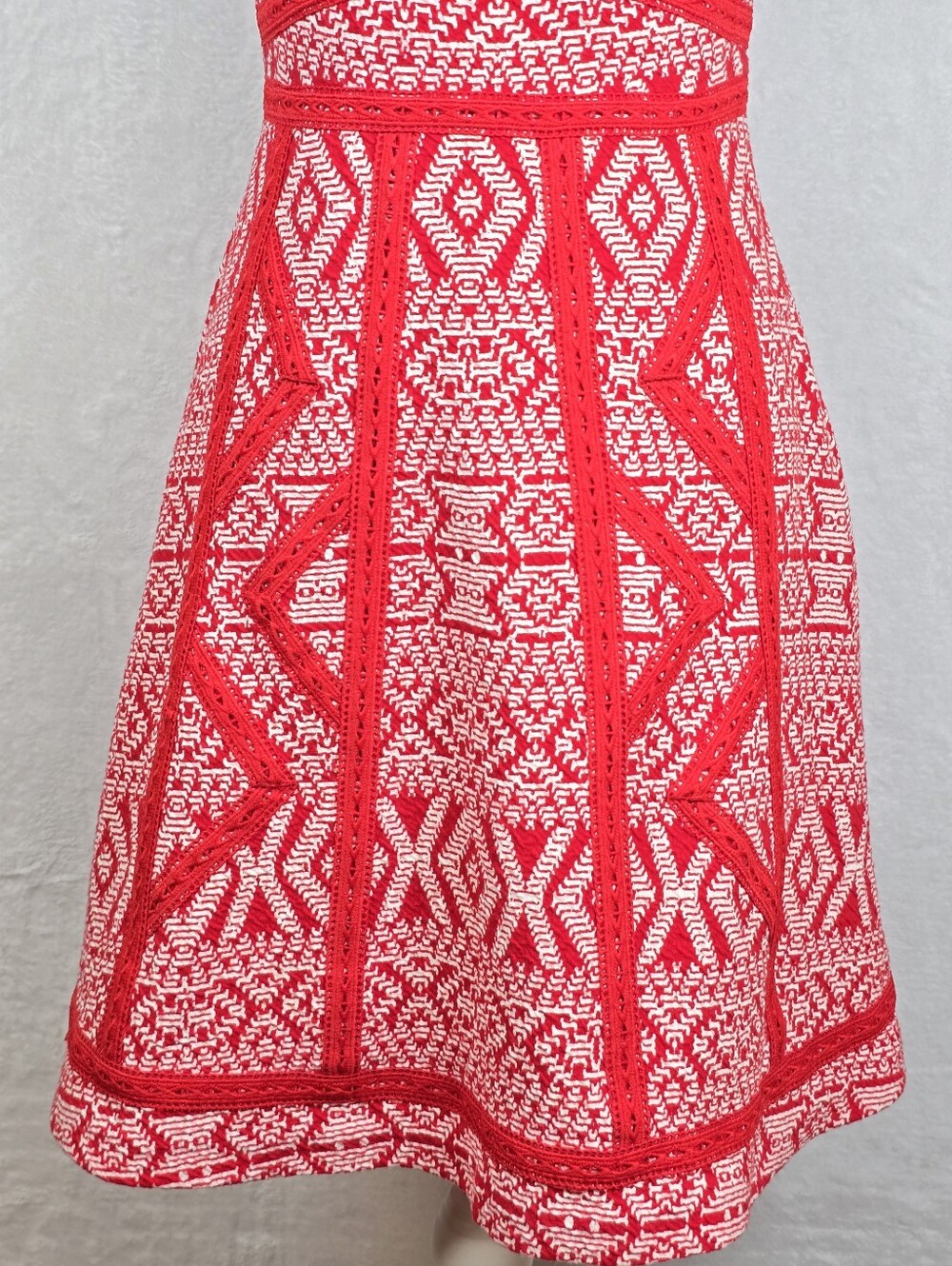 Maeve Emma Geometric Fit-Flare Embroidered Knit Dress Sz.0 Crochet Sleeveless - Picture 4 of 14